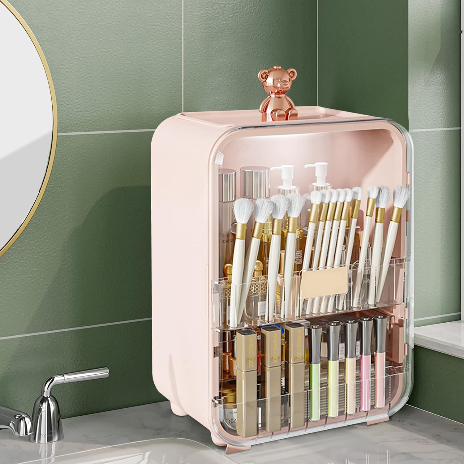 Ergocar Portable Pink Bear Series Multi-Function Make Up Case Dustproof Cosmetic Storage Box, Cosmetics Skin Care Products Jewelry Organizer Case Lipstick Box With LED Light - White