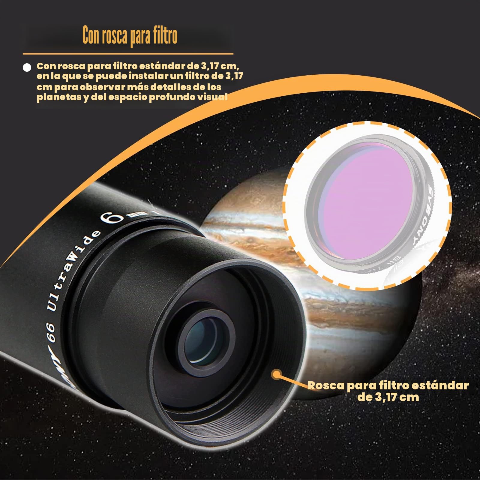 Svbony Ocular Telescopio 6mm 1.25", Ocular Ultra Gran Angular 66°, Metal Totalmente Ocular para Telescopio y Filtros