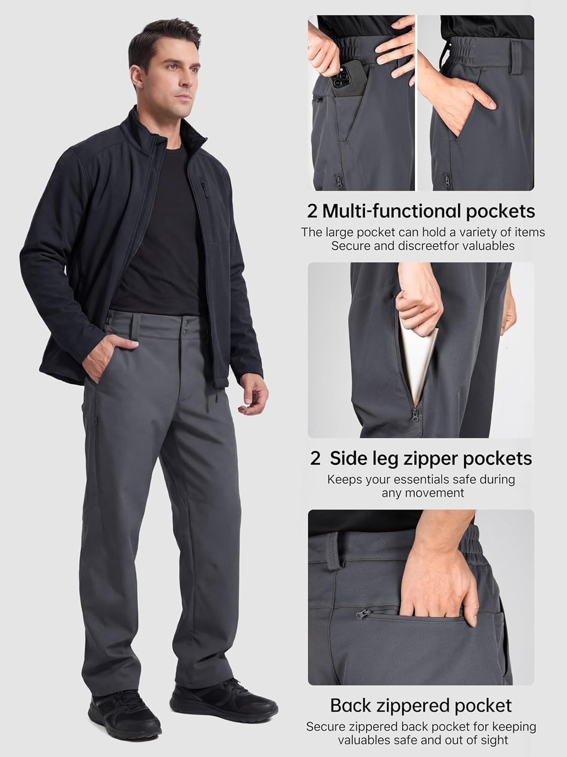 FREE SOLDIER Men's Warm Windproof Winter Fleece Lined Pants Hiking Expandable-Waist Softshell Snow Ski Pants - Image 7