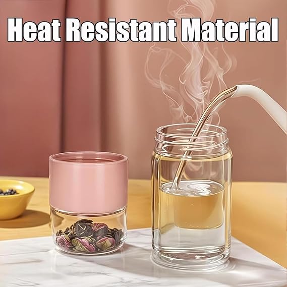 Glass Tea Infuser Bottle, Tea & Water Separation, Double Wall Borosilicate Glass, Leak-Proof for Loose Leaf & Fruit-Infused Tea, Hot & Cold Use (Gold,500ml / 17oz)