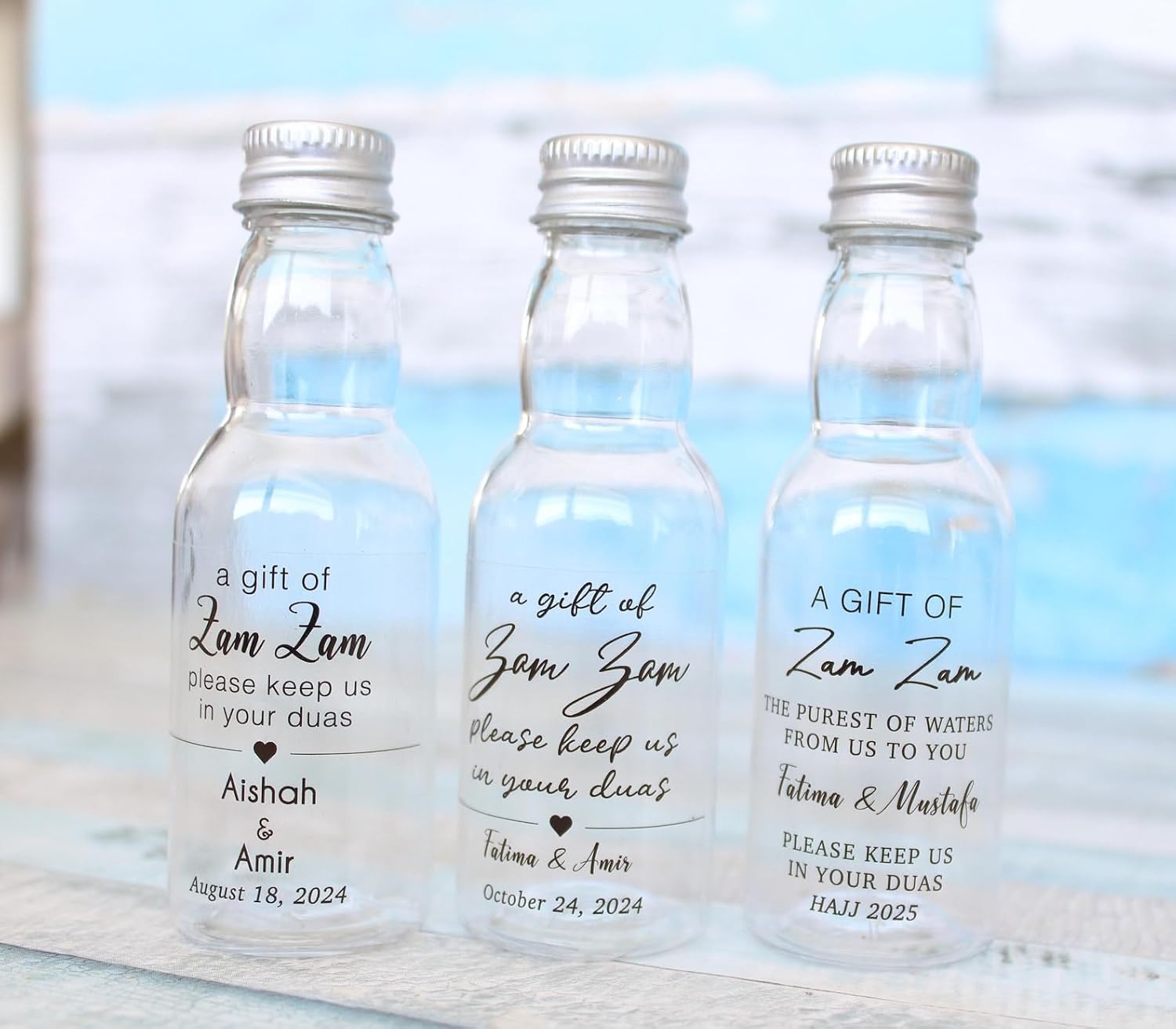 Personalized Empty Zem Zem Water Bottles with Custom Labels - 40cc (1.35 oz) Mini Plastic Bottles for Islamic Wedding, Nikkah, Hajj, Umrah Gifts - Gold, Silver, Black, Cork Cap Options (Set of 40)