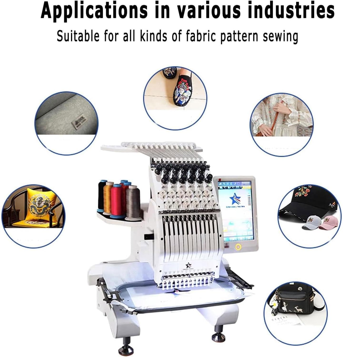 15Needles Automatic Embroidery Machine, 1000rpm Thread Trimming&Color Changing Sewing Machine, 20x30cm Embroidery Area&500 Pre-stored Patterns, 200 Million Needles Capacity, Border Design, for Cloth