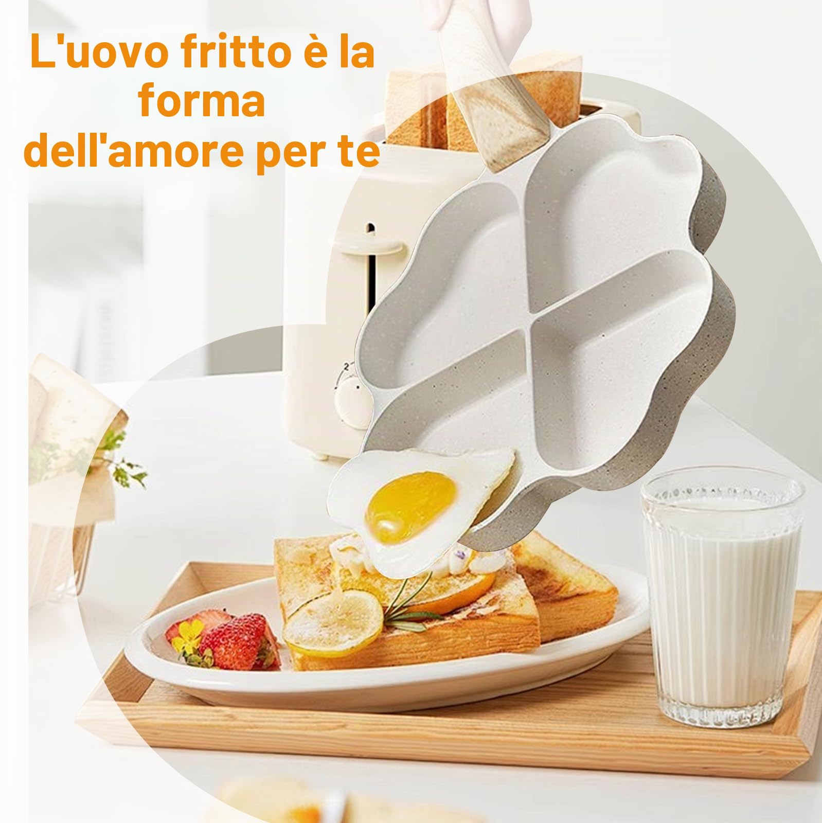 Stufa per uova a forma di cuore, a 4 fori, antiaderente, con 3 spatole in silicone, manico in legno, per pancake, frittelle, frittelle