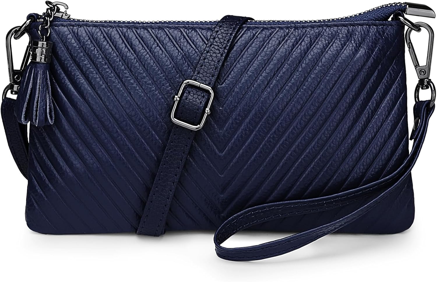 YALUXE Women's Genuine Leather Wristlet Purse Chevron Embossed with Shoulder Strap