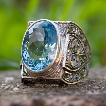 LRESJJIUJ Mens Stainless Steel Retro Cubic Zirconia Square Cut Stone Seal Hand Carved Ring Blue Topaz gem Mens Silver RingSize 6
