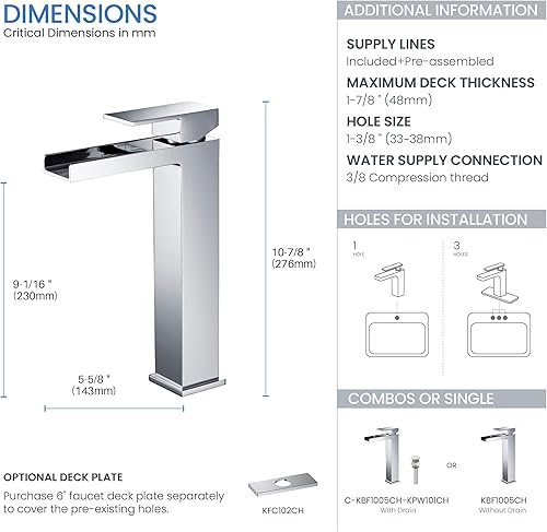 Vista 14 de KIBI Grifo de lavabo de baño en cascada Grifo de latón de una sola manija con manguera de suministro de agua Construcción de latón duradero