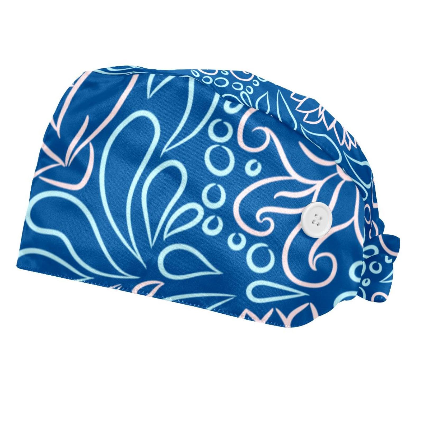 Light Red Line Flower 2 Pcs Unisex Bouffant Scrub Hats Women with Buttons Adjustable Nurse Caps for Women