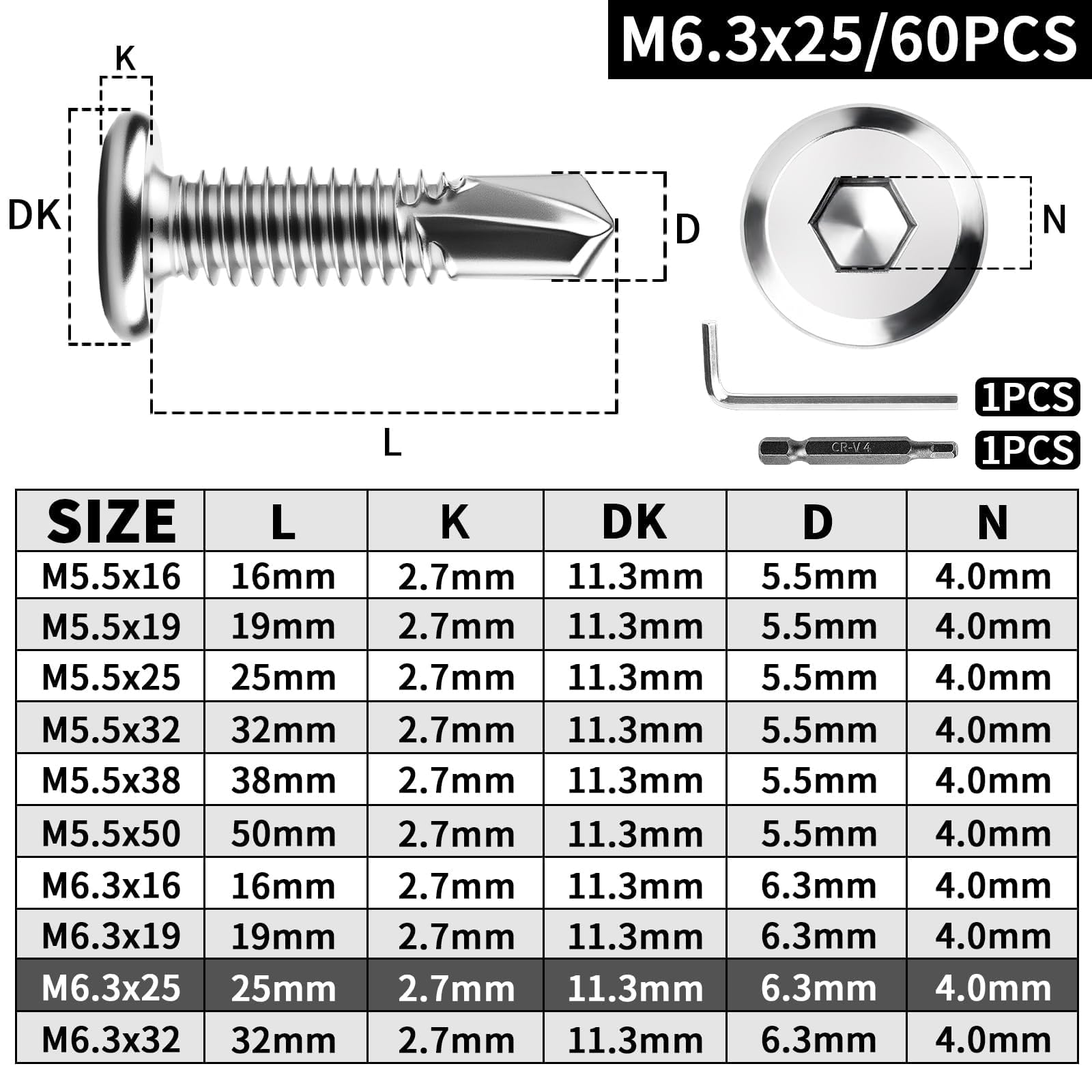 XRXYMQ 60 Pcs Self Drilling Screws M6.3 x 25 mm Self Tapping Screws Metal Flat Head Stainless Steel Screw Stainless Steel Tapping Screw For Plastics Wood Aluminum with spanner - Image 2