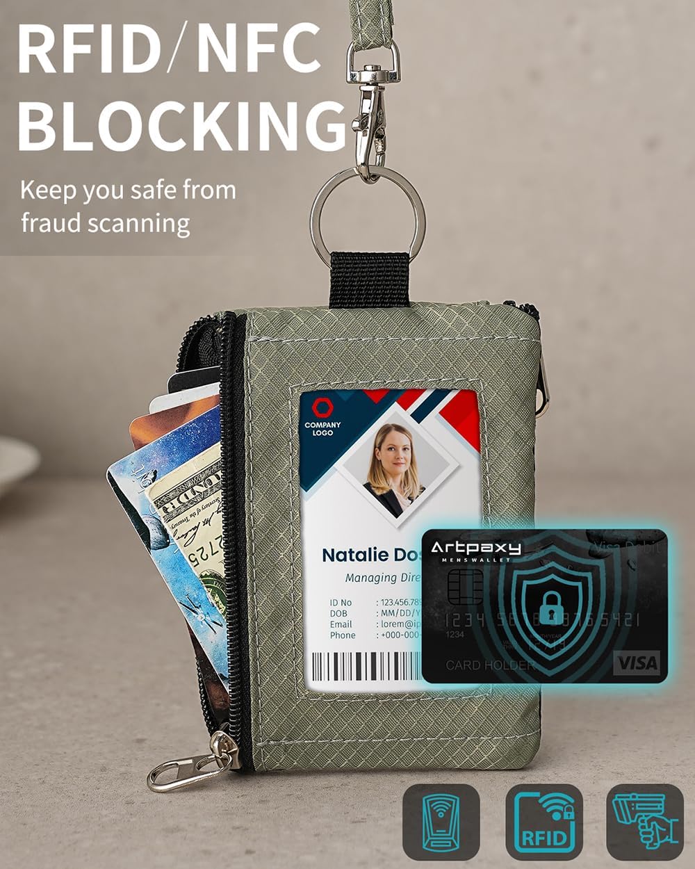 Artpaxy Minimalist Wallet For Mens Womens, Keychain RFID Blocking Zipper Small Wallet with ID Window 2 Lanyards,Water Resistant Travel Cash Card Coin Case Boys Girls