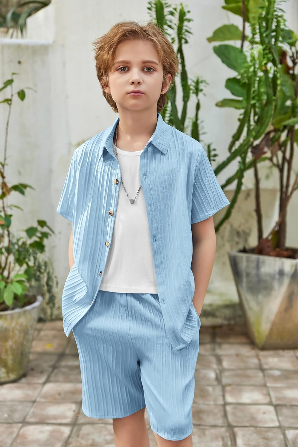 Arshiner Boy's Textured Button Up Shirt and Shorts Set 2 Piece Summer Beach Outfit for 5~12 Years Kids - Image 2