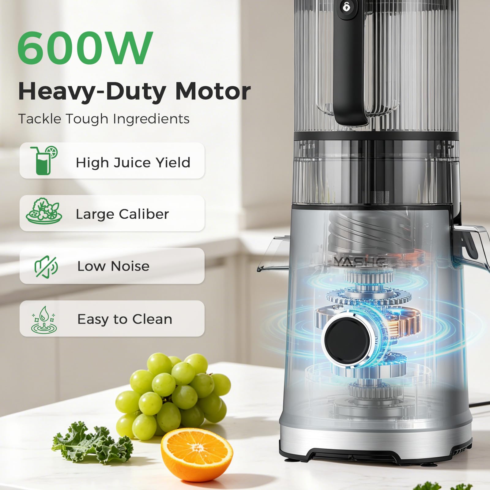 YASHE Sokowirówka, 600 W Slow Juicer z bardzo dużym otworem wlotowym 150 mm ze stali nierdzewnej, wyciskarka do całych owoców i warzyw, sorbetu i mleka orzechowego, wysoka wydajność soku, łatwa do