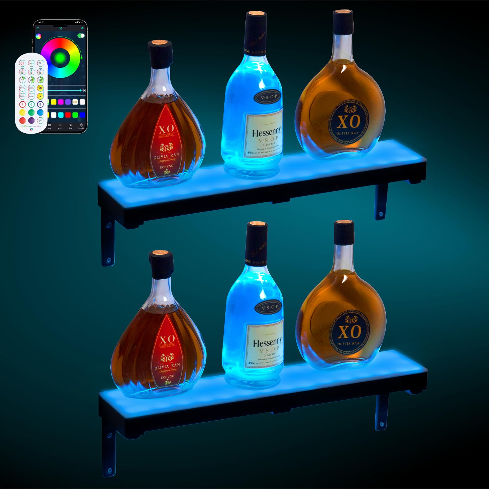 2 pack led lighted liquor bottle display shelf, 24 inch 3 tier wall mounted whiskey rack, bar stand with rf remote & app control, illuminated acrylic lighting shelves 