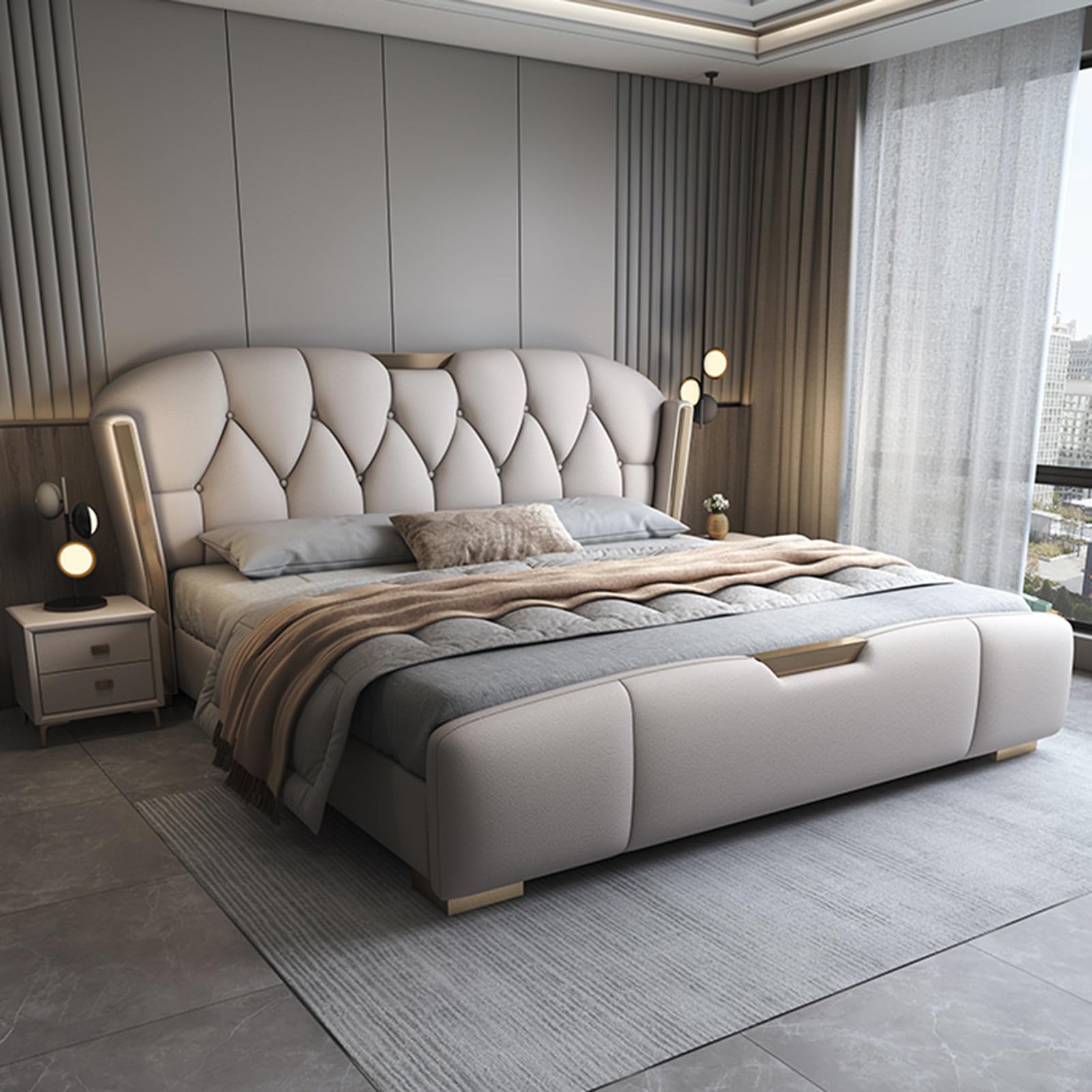 King Size Luxury Genuine Leather Bed with Headboard and Lift Up Storage Upholstered Platform Bed Frame Strong Wooden