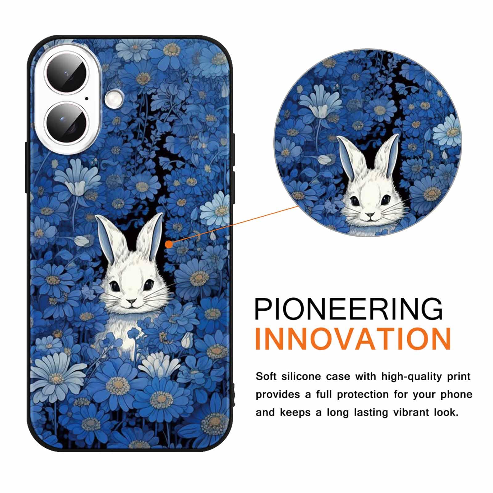 Yimctoie 2 Pièces Coque Pour IPhone 16 6,1",Cool Noir Chat Aesthetic Bleu Fleurs Motif Mignon Lapin Cat Animal Cover,Antichoc Protection Silicone TPU Souple Coque De Téléphone Case Pour IPhone 16