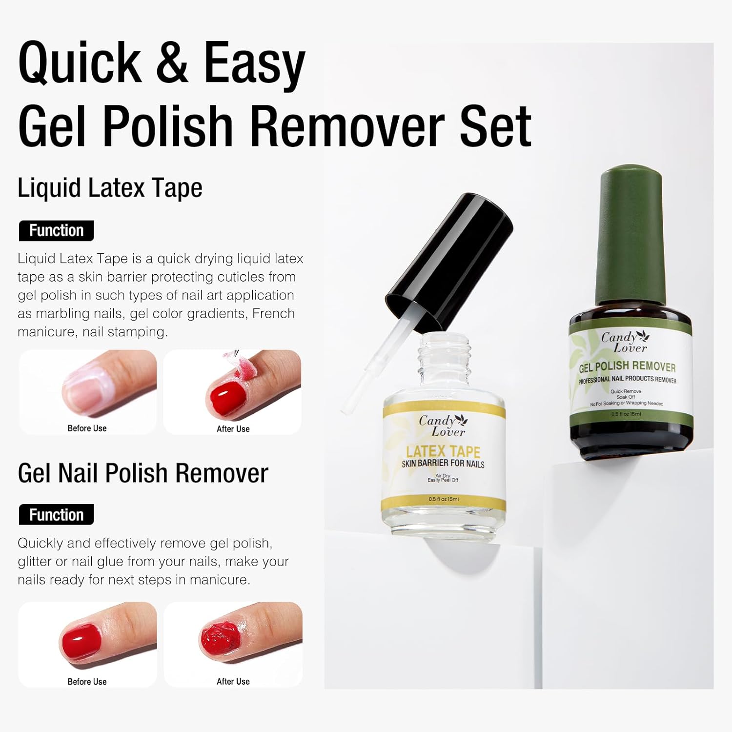 Candy Lover Gel Nail Polish Remover Kit, Latex Tape Peel Off Liquid and Gel Polish Remover with Cuticle Pusher & Nail File, Remover for Nails in 3-5 Minutes, No Need Soaking or Wrapping 2 Pack Kit (0.5 Fl Oz Each)