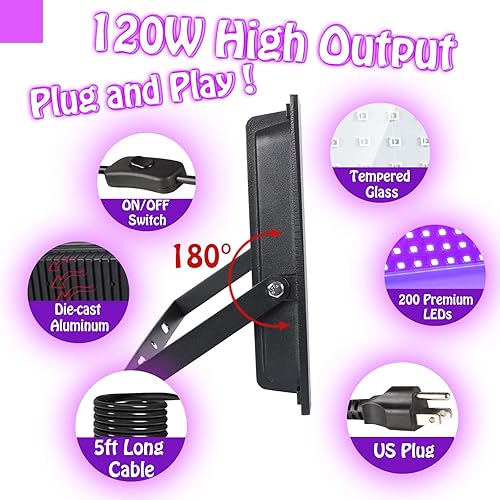 Miniatura 7 de NEWREACH Luz de inundación de luz negra de 120 W, luz negra LED impermeable para fiesta brillante al aire libre, Halloween, cumpleaños, baile,