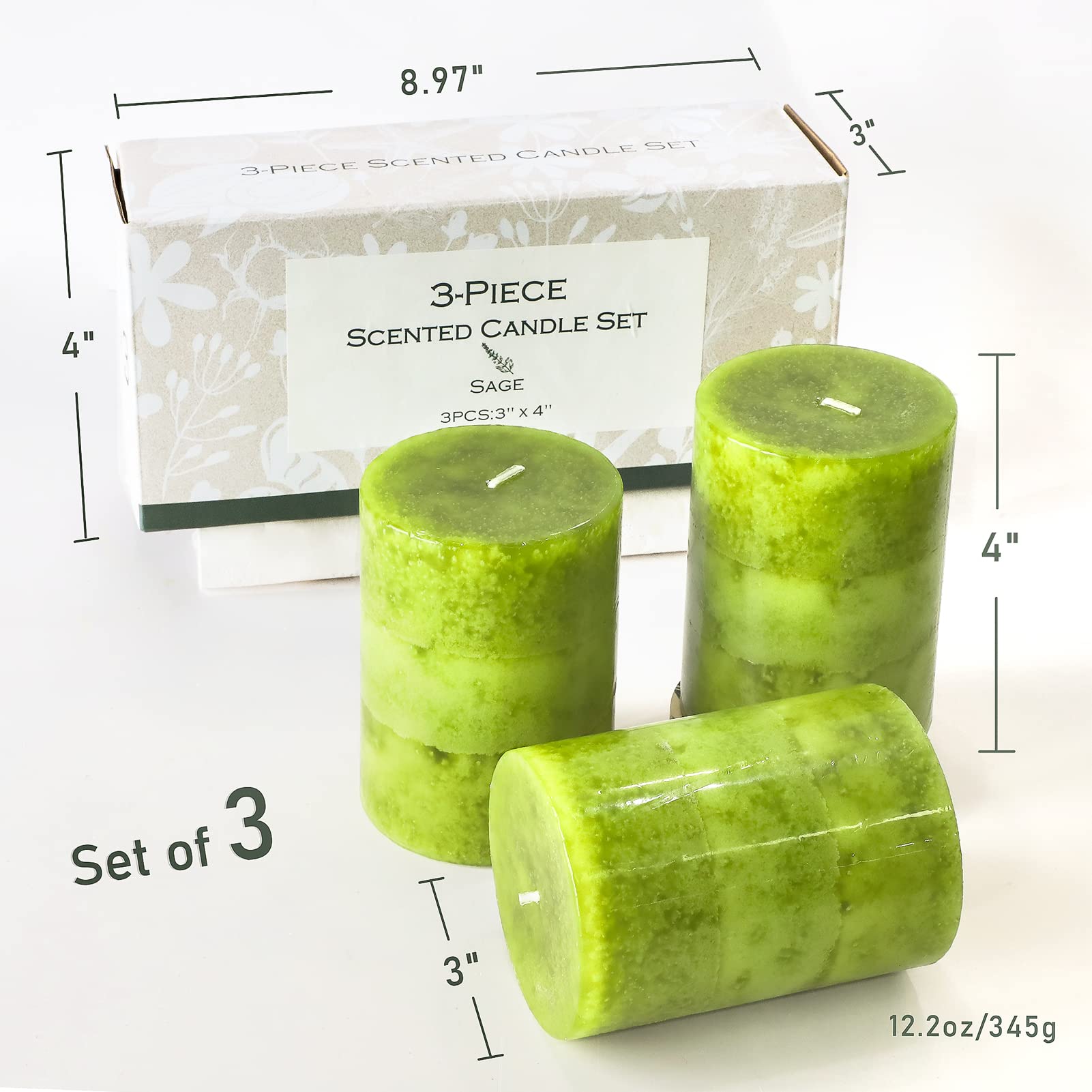 Juego de 3 velas de pilar verde perfumadas de salvia de 3 x 4 pulgadas, aromaterapia, combustión limpia, sin goteo, para mesa de comedor, bodas, vacaciones, decoración del hogar