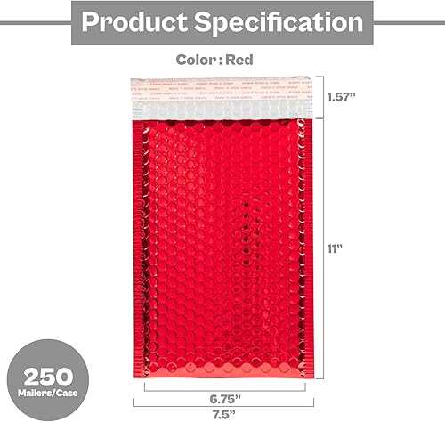 Miniatura 2 de PSBM - Sobres de burbujas rojas, 7.5 x 11 pulgadas, paquete de 250 unidades, metálico brillante, sobre acolchado de envío glamoroso, autosellado y