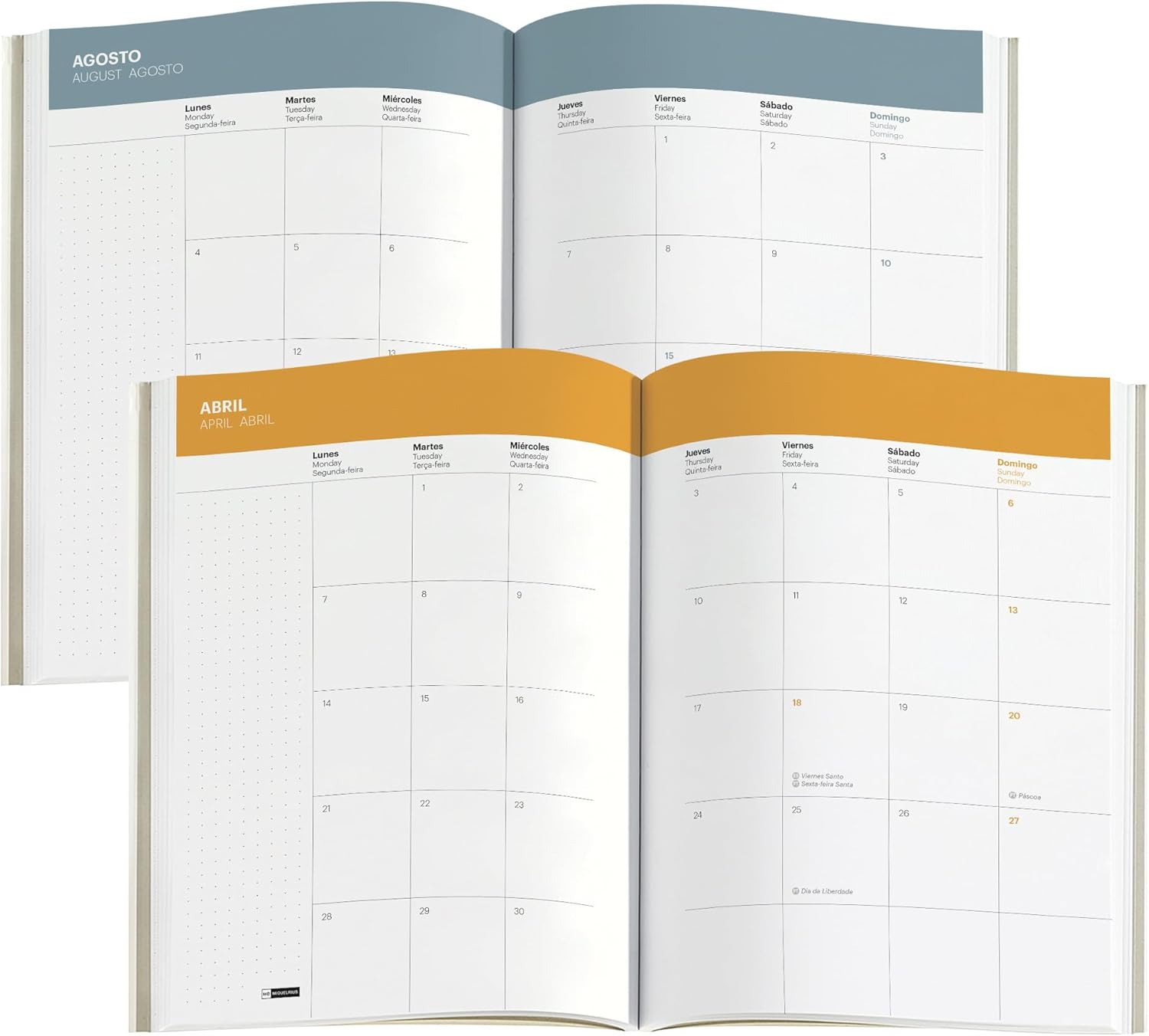 Miquelrius - 2025 Diary, Size 155 x 213 mm, Day Page Diary, Stitched Leather Cover, 100 g/m² Sustainable Paper, Elastic Closure, Catalan, English and Portuguese, Fluor