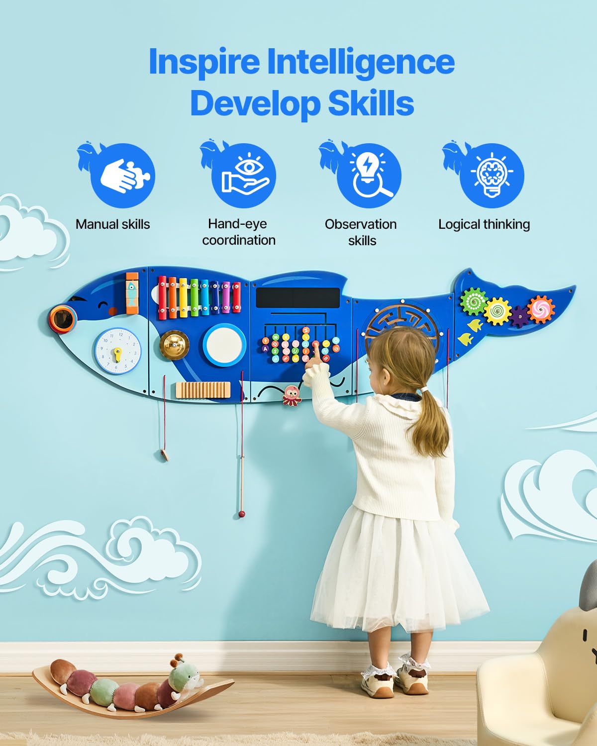 VEVOR Panneaux Muraux d'Activités Orque, 12 Jeux, Jouet Mural Sensoriel Montessori pour Enfants 3-12 Ans, Centre d'Activités d'apprentissage, Salle de Jeux des Tout-Petits, Crèche, Salle de Classe