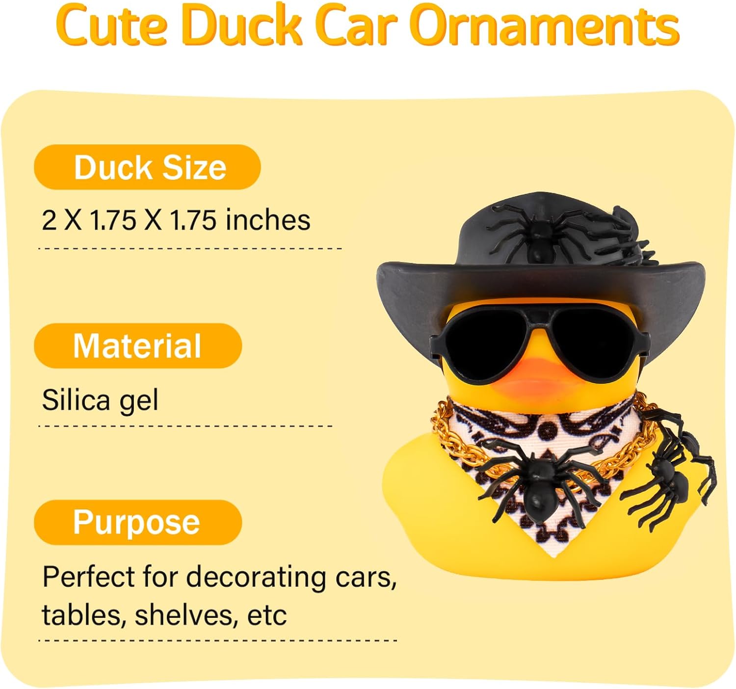 wonuu Car Dashboard Spider Cowboy Rubber Ducks for Halloween, Decorations Duck for Office Desk Ornament Accessories with Hat Glasses Chain Scarf, for Halloween Party Gifts (Black)