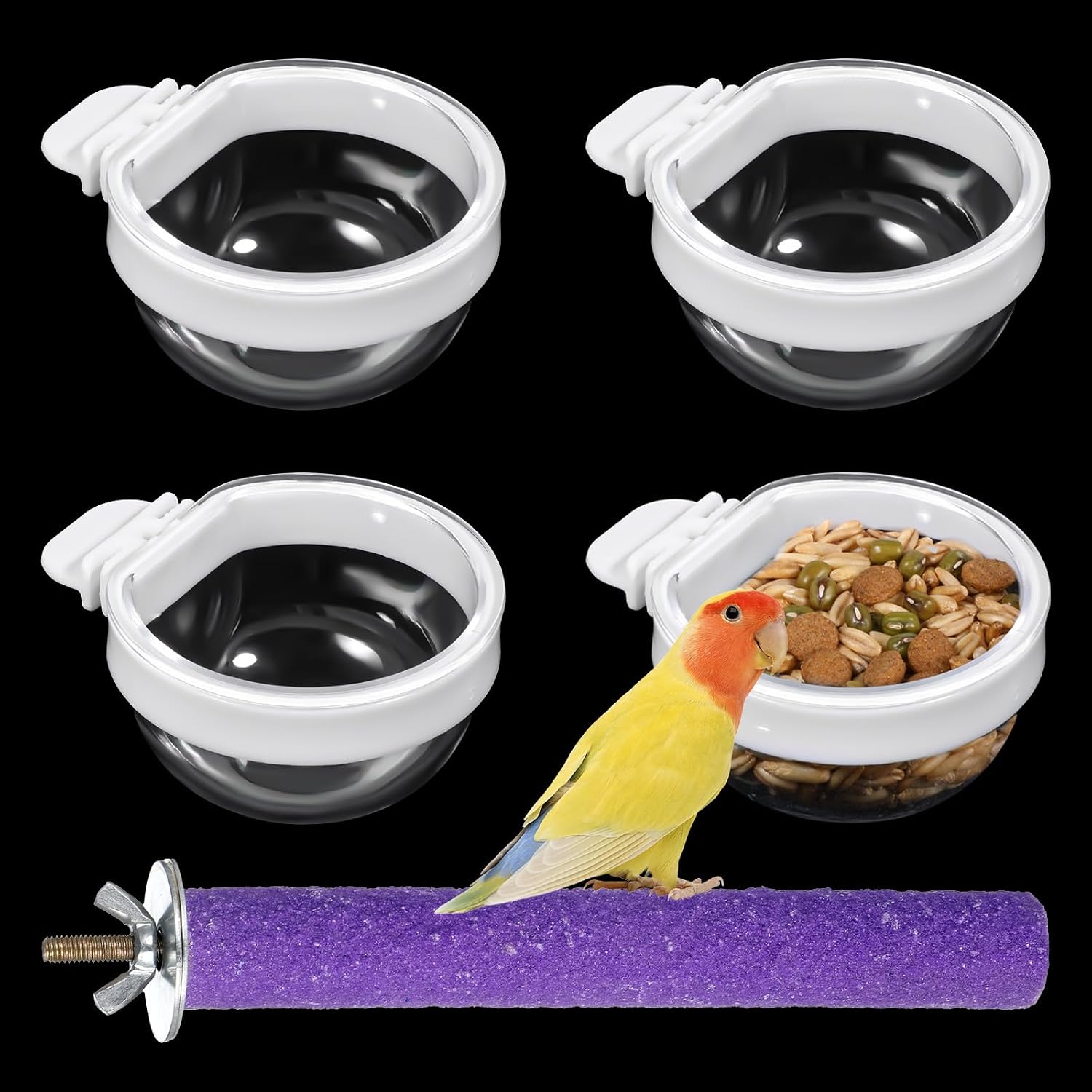 4 Pack Bird Cage Feeder and Water Dispenser with Perch, Clear Water Bowl and Food Container Feeding Drinking Bowl Seed Container Dishes Parrot Feeder Bowls with Clamp Holder