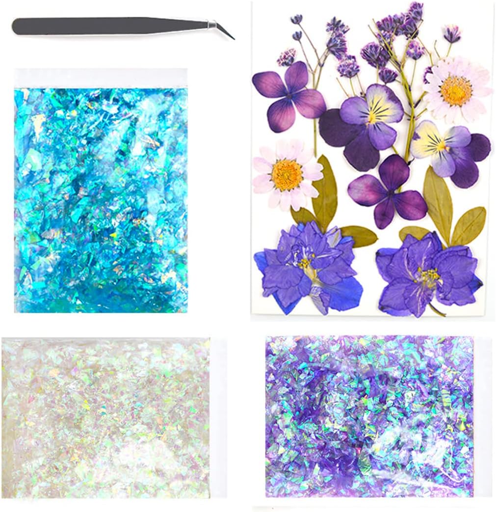 DIYBravo Foil Flakes Silver Blue Dried Flowers for Resin Nail Art with Tweezers Holographic Glitters Resin Fillers Jewelry Making Supplies Kit for DIY Candle Scrapbooking Decoration