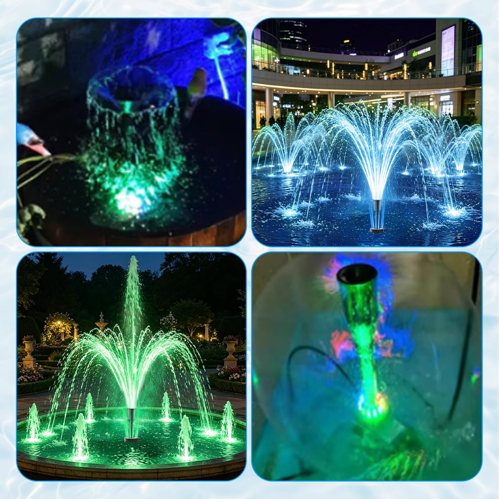 Pompa do fontanny zewnętrzna z diodami LED, 800 l/h, 15 W, RGB, pompa do akwarium do mini stawu, pompa do oczka wodnego z kablem 3 m, 3 dysze, 3 zmieniające się kolory, mała pompa do stawu ogrodowego