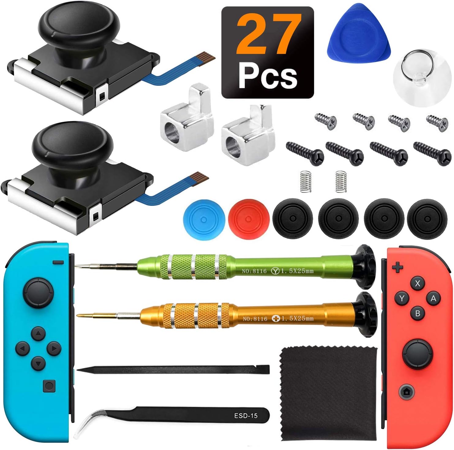 iiwey2-Pack 3D Replacement Joystick Analog Thumb Stick for Switch Joy-Con Controller & Switch Lite,2 Packs Metal Latch, Include Y1.5 Screwdrivers, Joycon Joystick Replacement to Fix Drift Stick