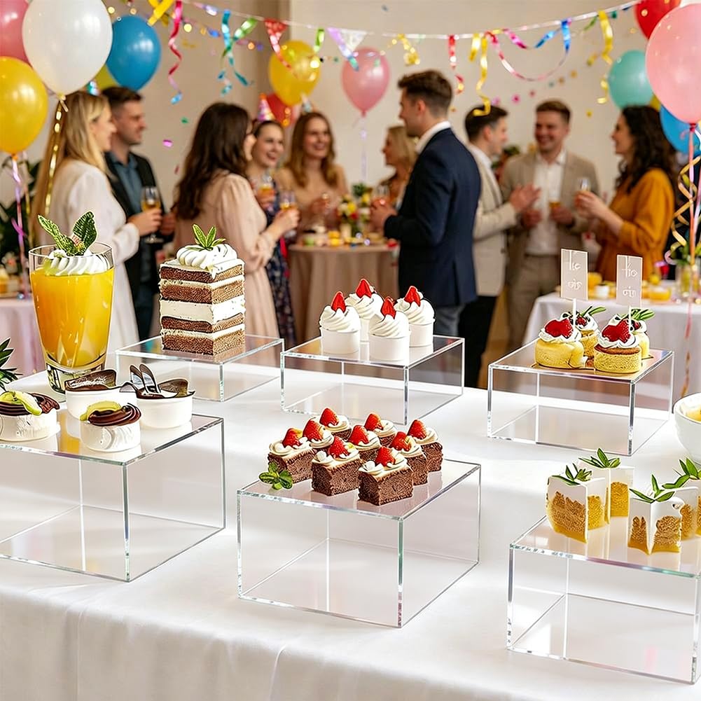 Lot de 6 boîtes en acrylique - Présentoir à dessert avec étagères creuses - Présentoir de buffet en acrylique - Pour desserts, bijoux, cubes de présentation avec fond creux (transparent)