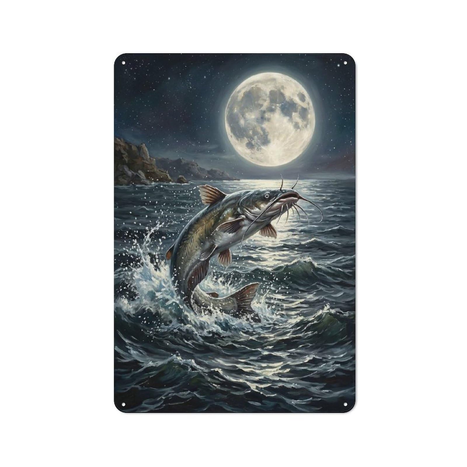 Rustic Catfish Leaping Under The Full Moon Tin Wall Plaque 30x20cm, Rustic Kitchen Decor for Cottage, Kitchen, Hallway Or Breakfast Nook