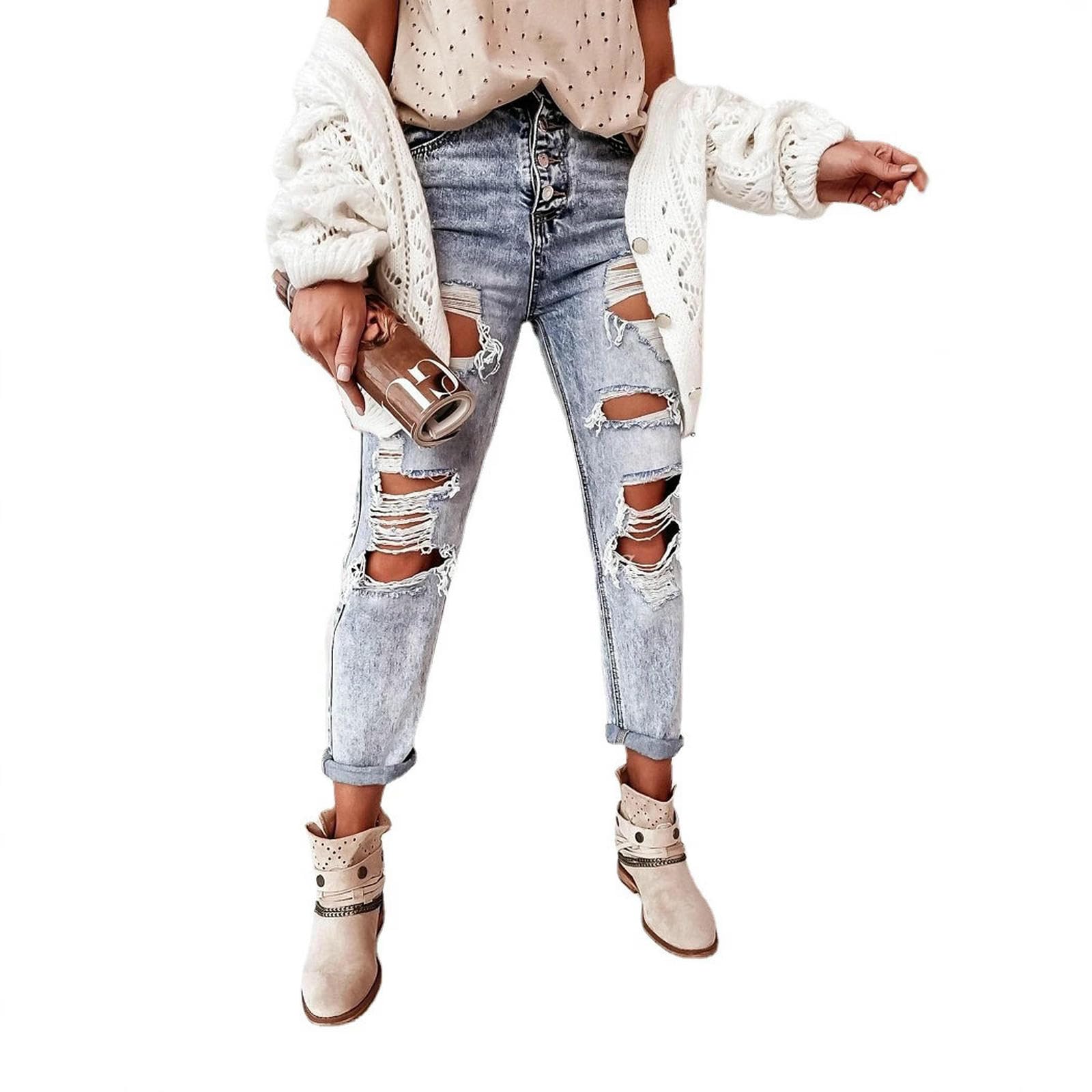 Jeans da Donna Casual A Vita Media, Strappati, Lavati, Gamba Dritta-Blu Denim-XXL