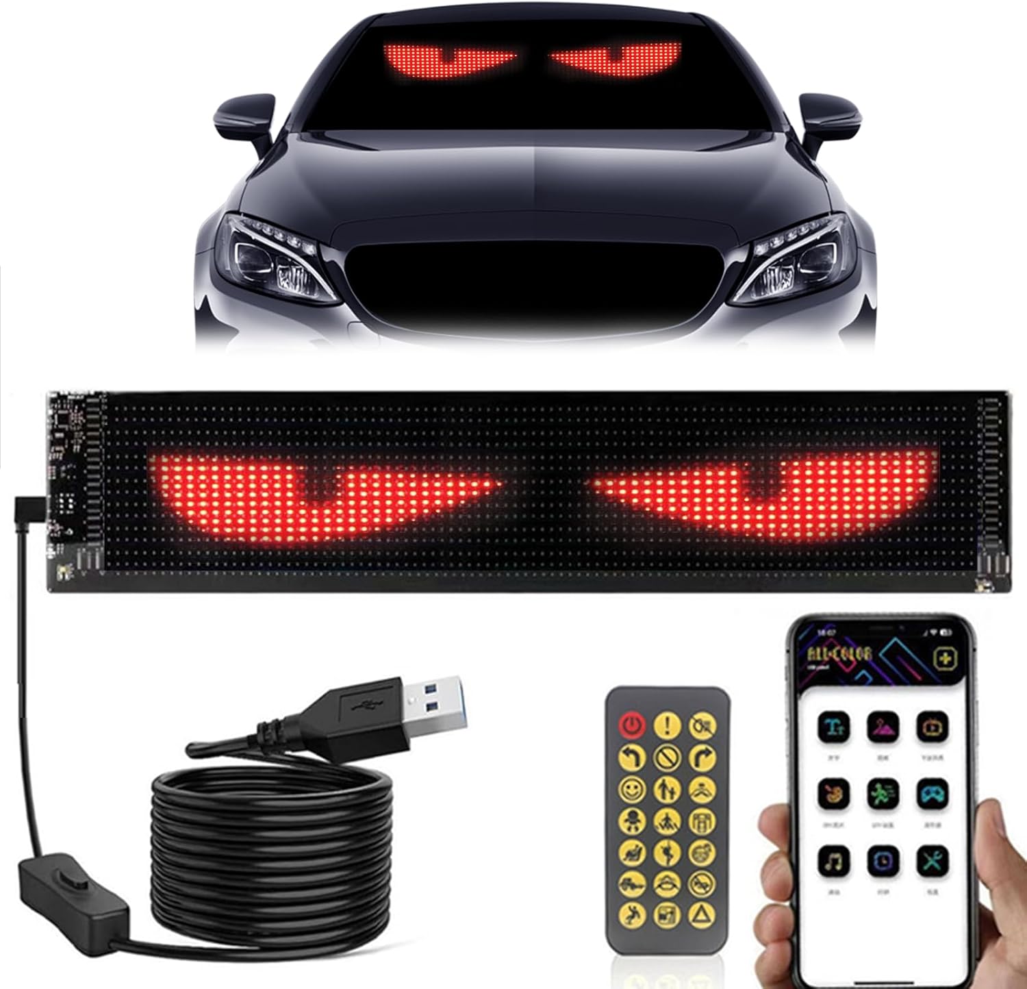 23.42x4.72in Programmable Devil Eyes LED Screen for Car Windshield - Flexible Dynamic Display Panel with Custom Patterns, Soft LED Light Strips for Truck Window Decoration, Automotive Eyes
