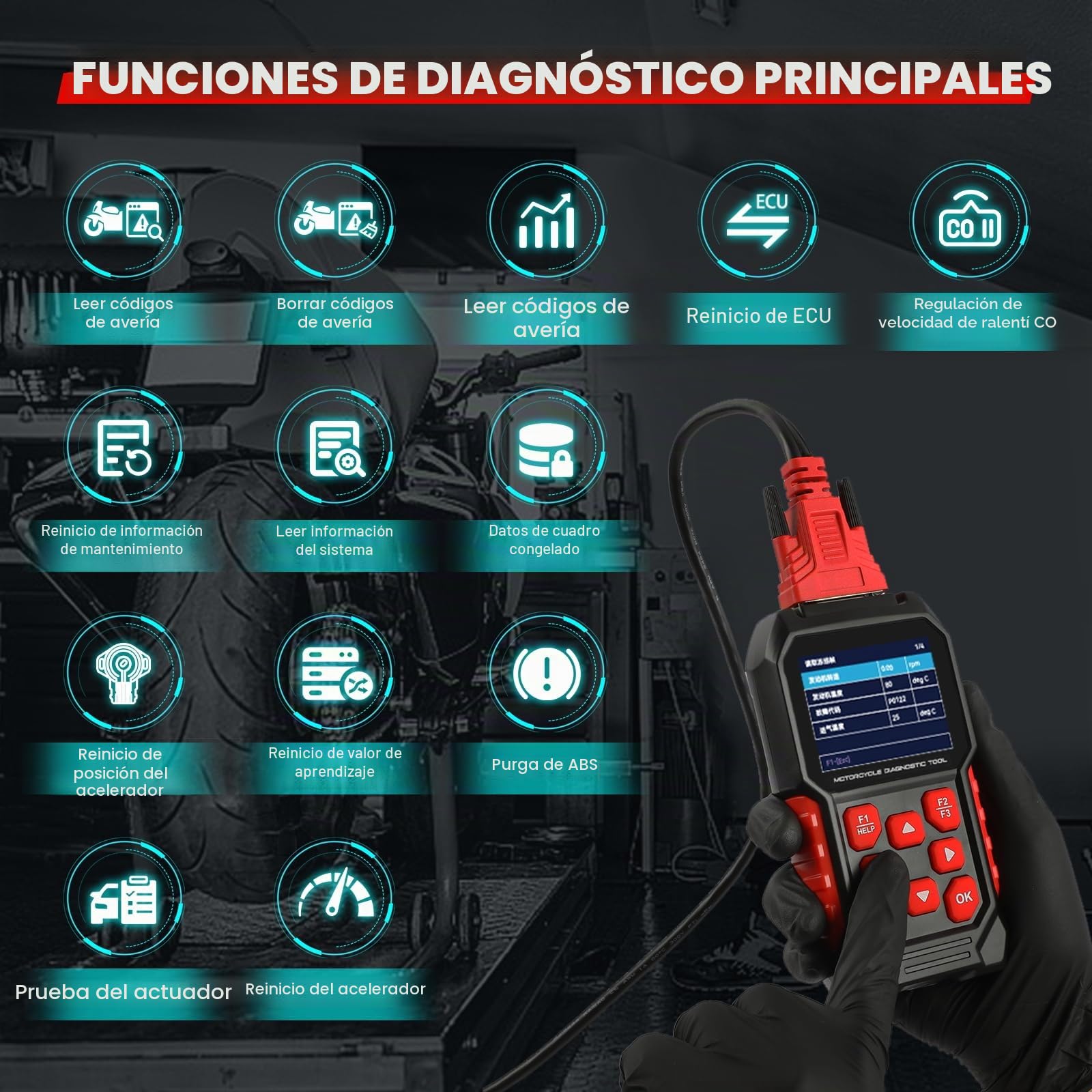 Escáner de motocicleta, herramienta de diagnóstico de motocicleta, lector OBD M4, herramienta de diagnóstico de motocicleta, lectura/borra códigos de falla, prueba rápida y de voltaje, lector de