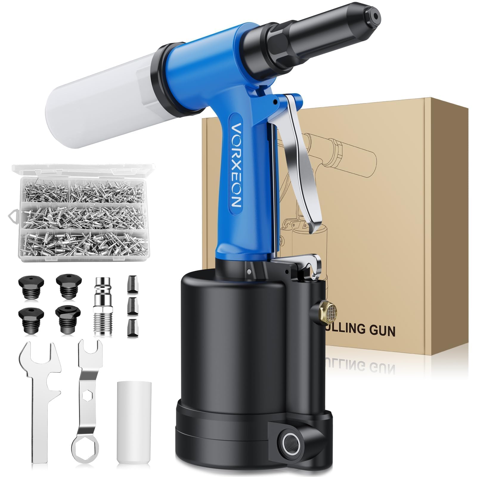 VORXEON Pneumatic Rivet Gun Set 4 Sizes (2.4mm（3/32"）-4.8mm（3/16"）), 1408KGF Pulling Force, 500PC Aluminum Rivets Air Riveter Ideal for DIY, Garage, and Automotive Use​ — image 1