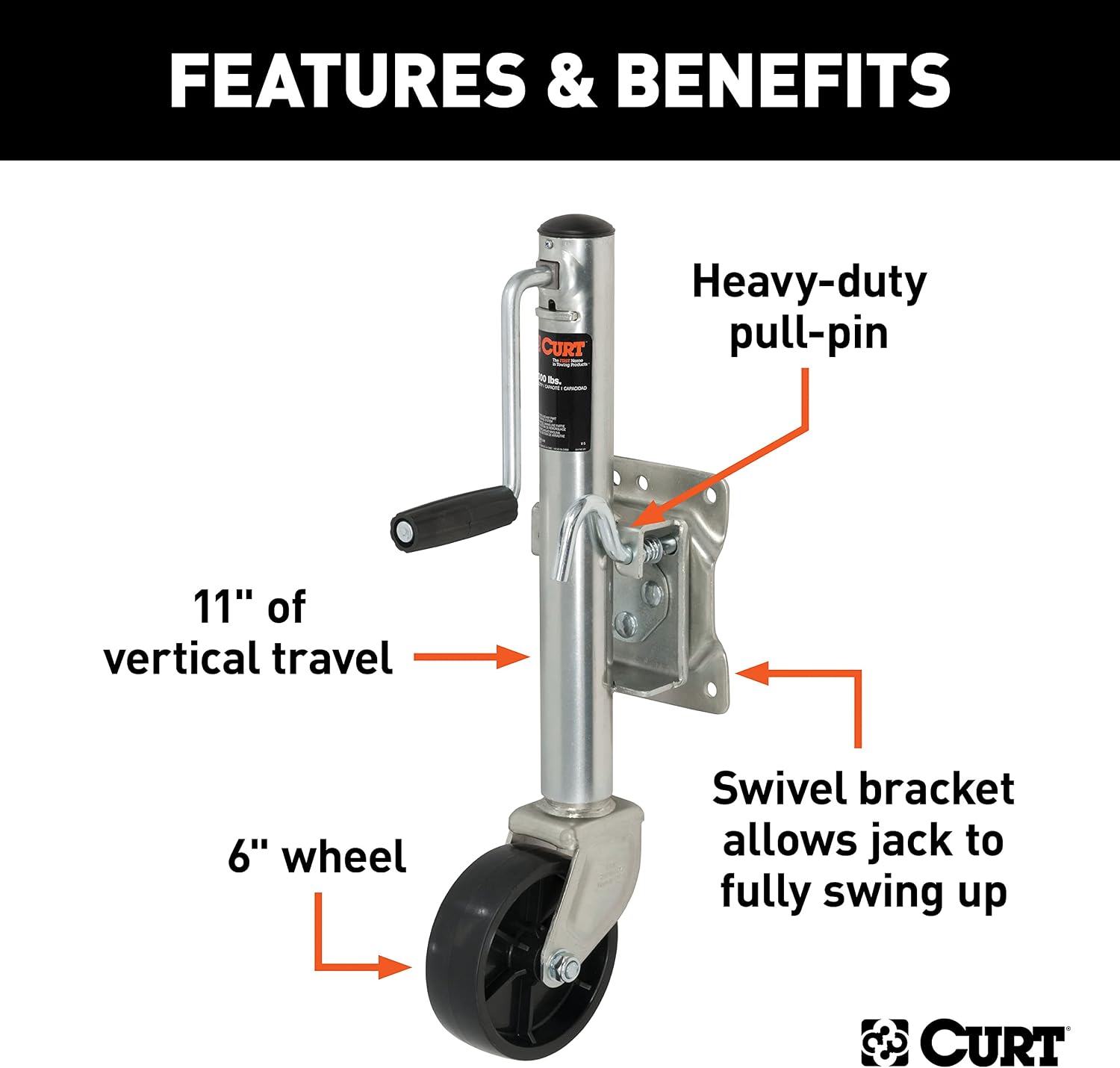 CURT 28112 Marine Boat Trailer Jack with 6-Inch Wheel, 1,200 lbs. Support Capacity, 11 Inches Vertical Travel