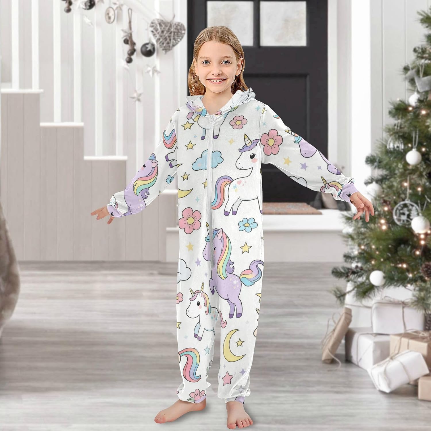 Cartoon Cute White UnicornUnisex Onesie PajamasSoft Warm Hooded Loungewear Sleepwearfor Christmas Home