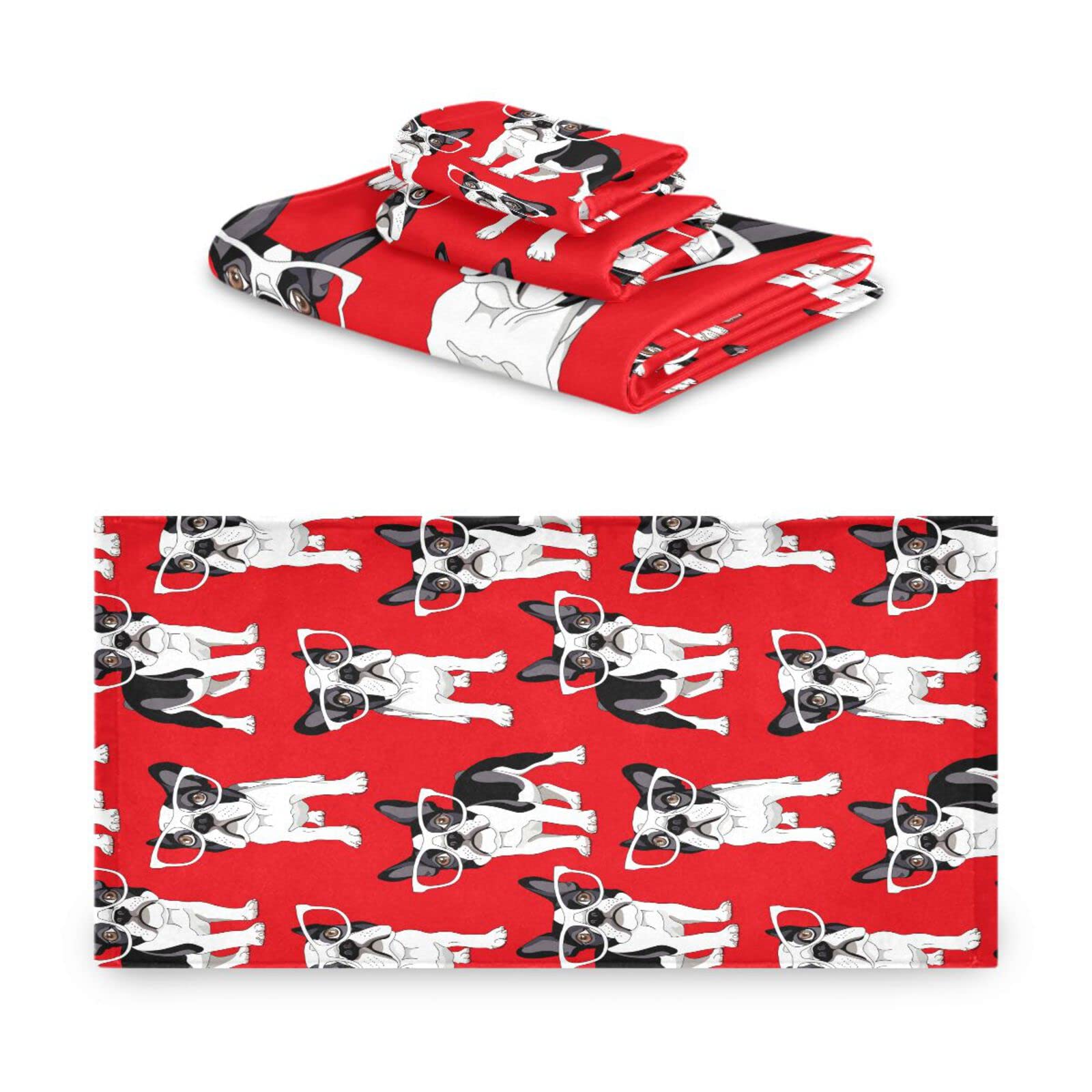 Perro Pug Guay Rojo Juego de Toallas para Baño Playa 100% Algodón de Piscina Toalla (1 Toalla de Baño y 1 Toalla de Mano y 1 Paño de Lavado) para Nadar Hotel Niñas Niños Niños