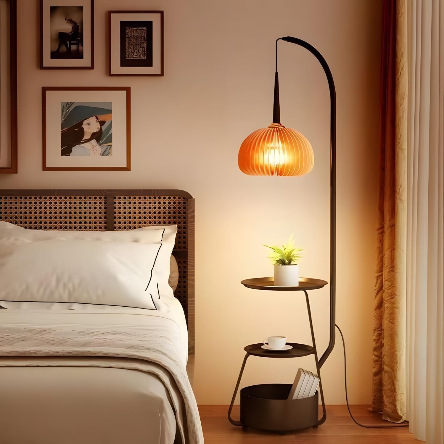 Bofea-Modern Arc Floor Lamp with Table & Shelves,Vintage Floor Lamps for Living Room,Mid Century Tall Standing Lamp with Walnut Shade,Adjustment Height Corner Lights for Bedroom Study Office