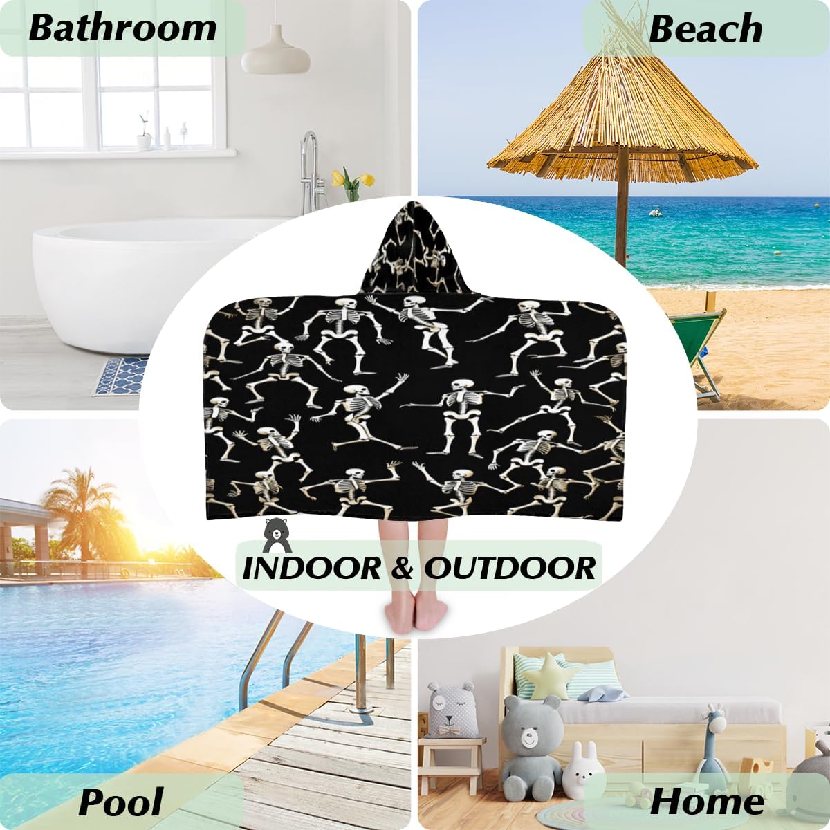 Kids Hooded Bath Towel for Boys Girls, Happy Skull Skeleton, Black White Cotton Hooded Beach Towel Wearable Wrap Poncho for Toddler Swimming Pool