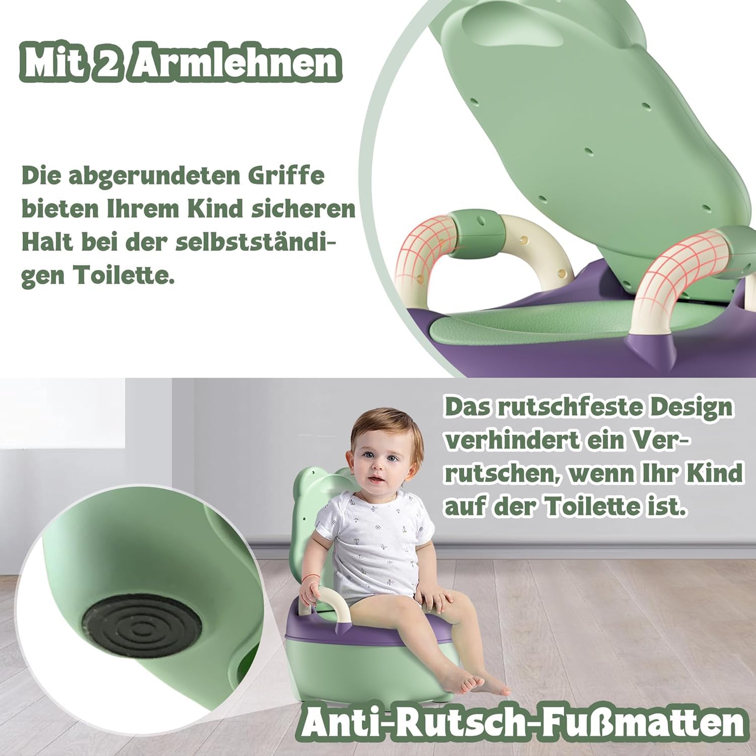ACXIN Kinder Töpfchen Kindertoilette für Kleinkinder Toilettentrainer Kinder Toiletten Babytopf mit Spritzschutz&Armlehnen Toilettentrainer Cartoon Deckel (Normal Typ, Grün)