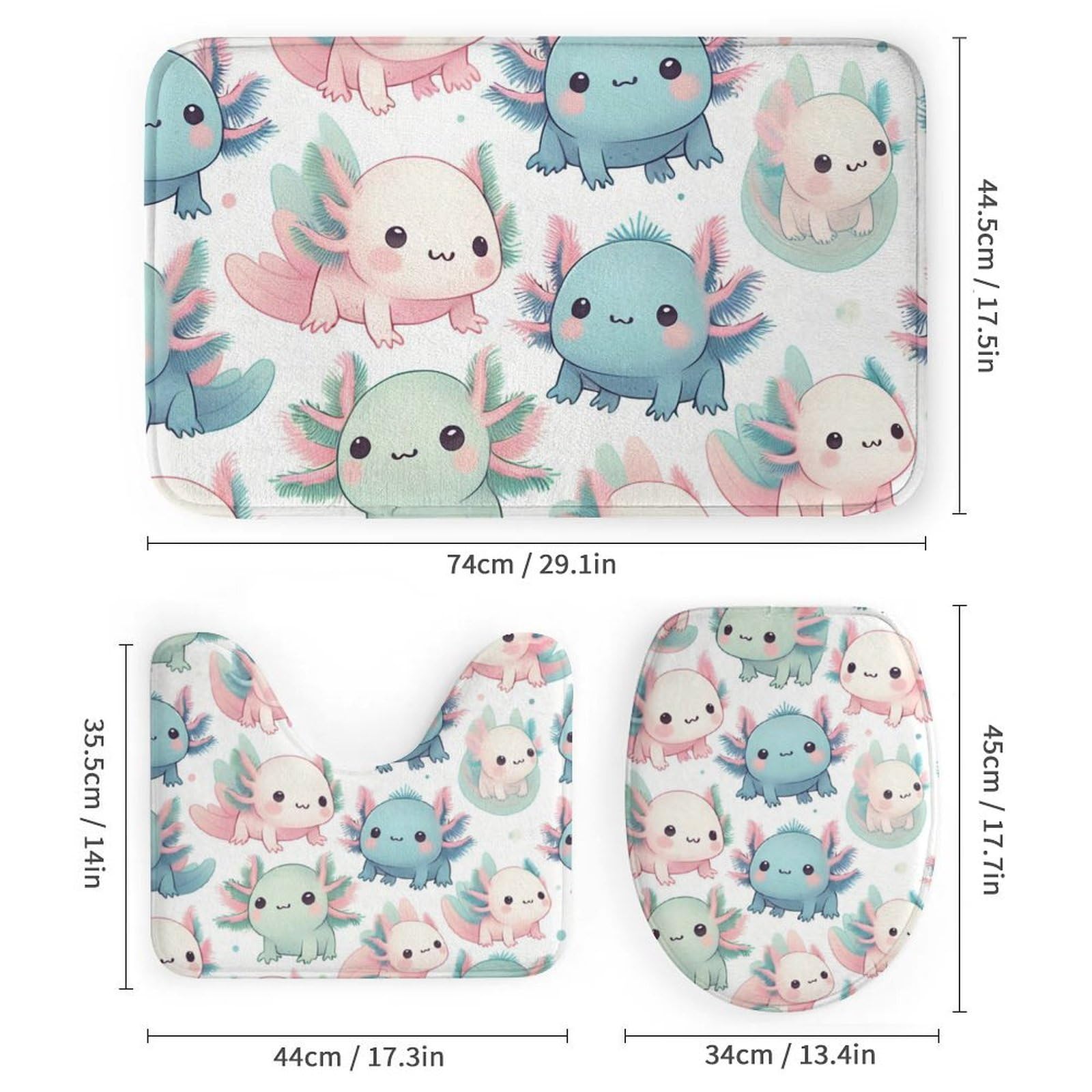Duschvorhang mit Badezimmer-Sets und Teppichen, Dekoration, Cartoon-Axolotl, lustige Duschvorhang-Sets mit rutschfestem Teppich, WC-Deckelbezug, U-förmige Matte mit Haken, 182,9 x 182,9 cm, 4
