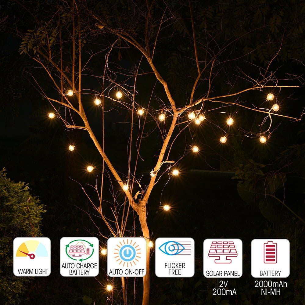 TEKLED® LED-Außenlichterkette | 25 LED G40 dekorative Glühbirnen | Wasserdicht Innen Außen 6,5 m mit Solarpanel | Warmweiß 4 Modi | Für Terrasse Garten Hinterhof Haus Weihnachtsbaum Party Terrasse