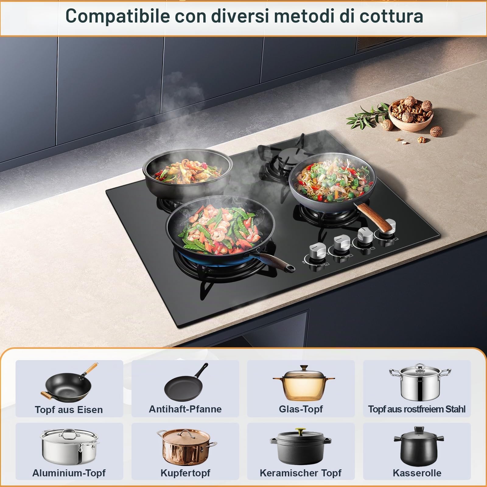 TopStrong Piano Cottura 4 Fuochi Gas, Piano Cottura Gas Vetro Incasso, Protezione Flame-Out, Gas Naturale/Propano, 8060W, Nero, 220-240V