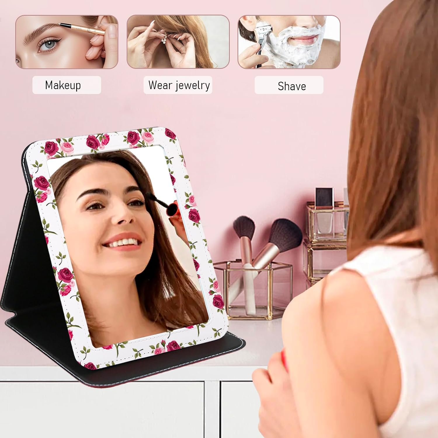 Mirror Foldable Portable Travel Makeup Compact Personal Hand Mirror PU Portable Adjustable Rectangular Ultrathin Vanity Mirror with Stand, for Travel, Camping, Home, Office & On-The-Go (Rose Pattern)