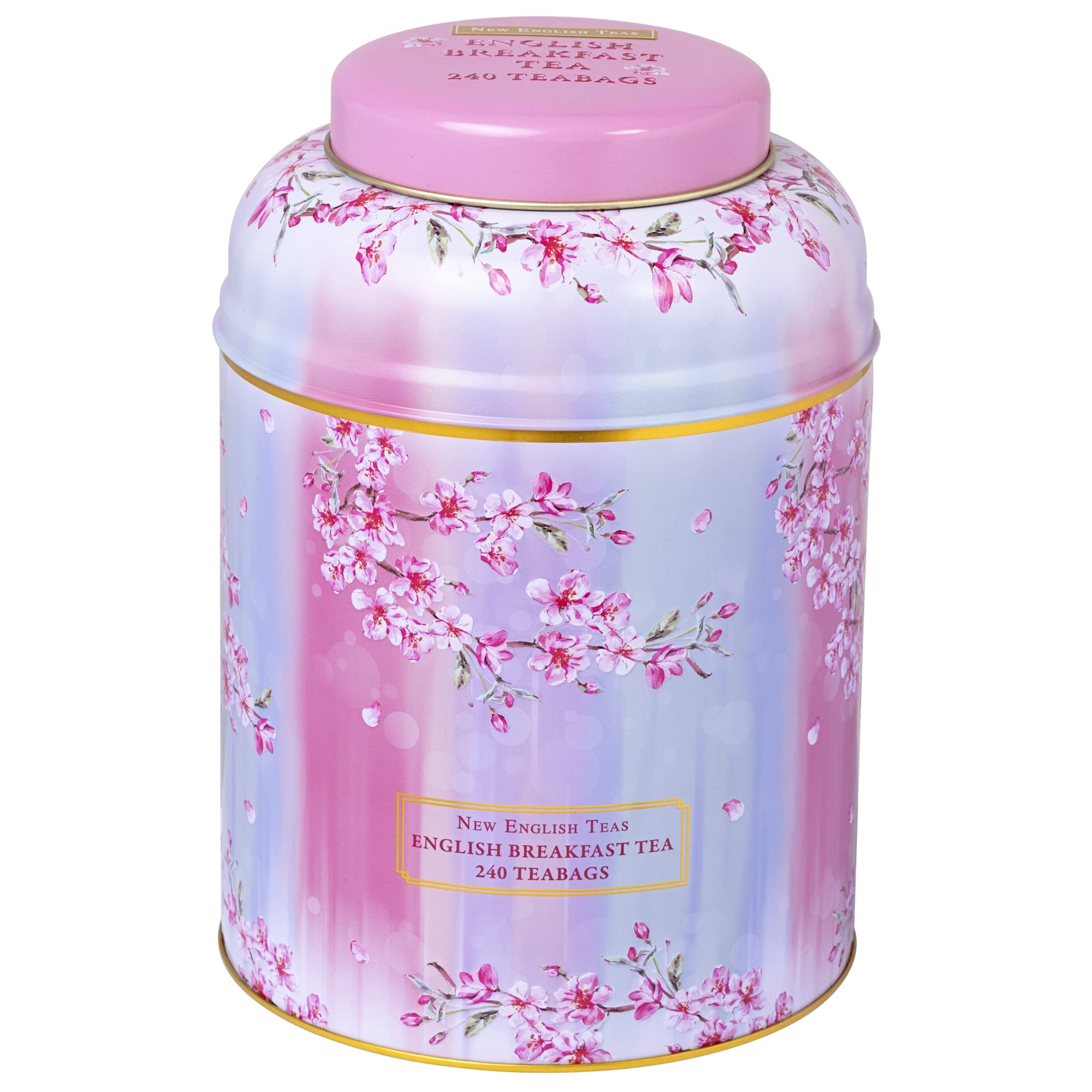 New English Teas Watercolour Cherry Blossom Tea Caddy with 240 English Breakfast Teabags