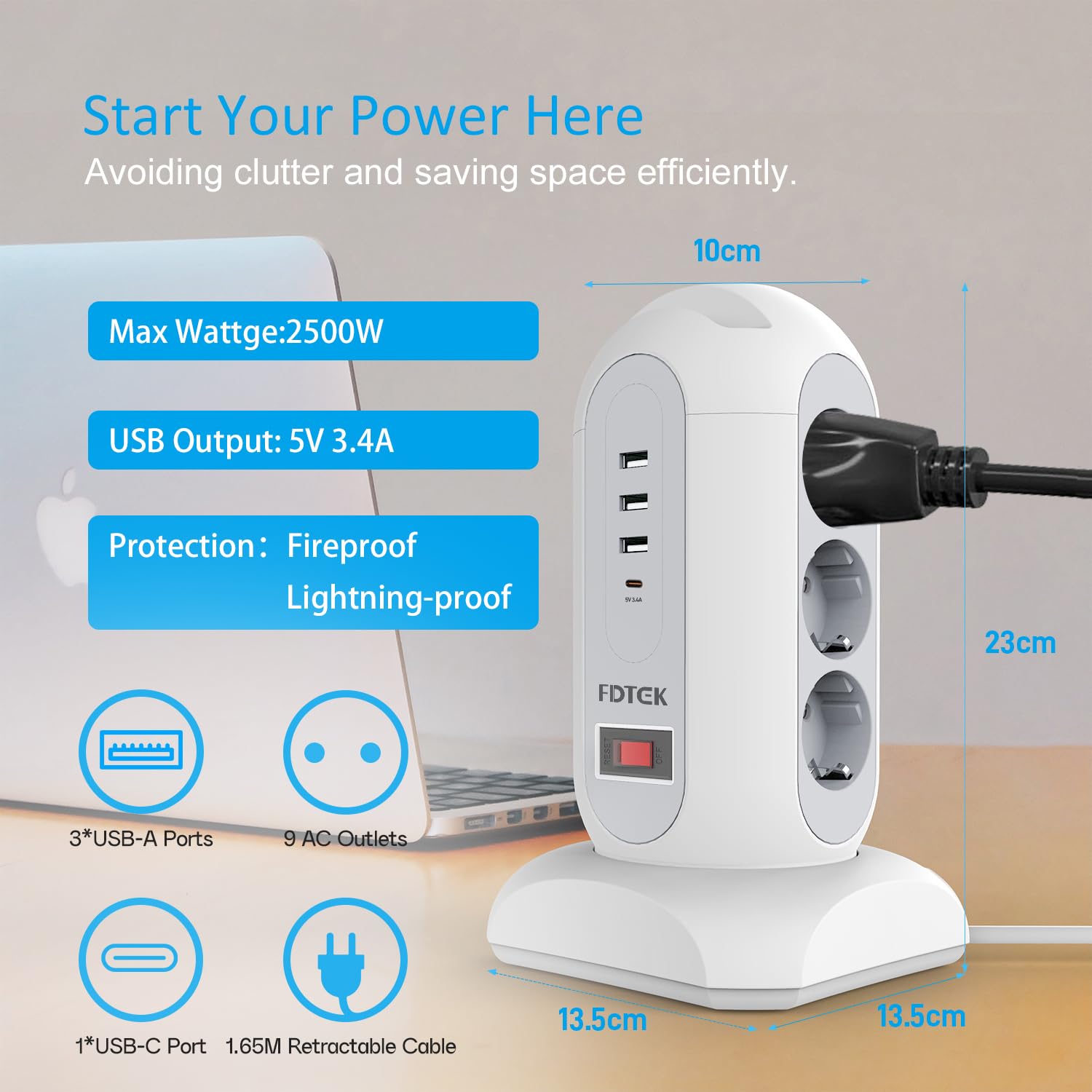 FDTEK Ciabatta Multipresa Verticale Torretta Multipresa da Scrivania con 3 USB-A & 1 Tipo-C e 9 Spina Tedesca, Prese Multiple Elettriche con Interruttore, Cavo Retrattile da 1,65 mt,Bianco 2500W/10A