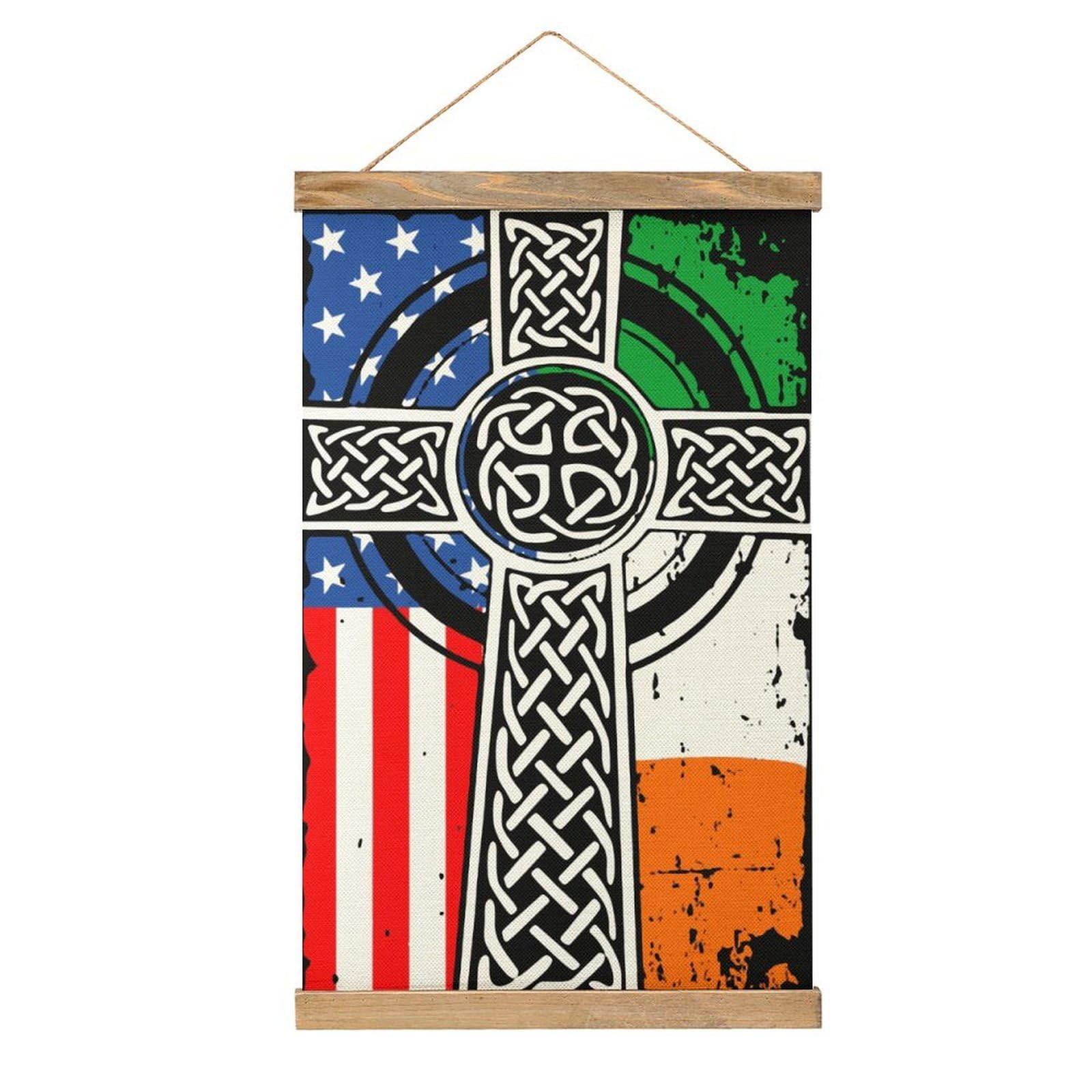 CGSBNGHA Irish Americans-USA Flag Celtic Crosss-Stpatrick's Day Wall Art Prints Linen Hanging Painting Scroll Paintings Pictures Decor for Home