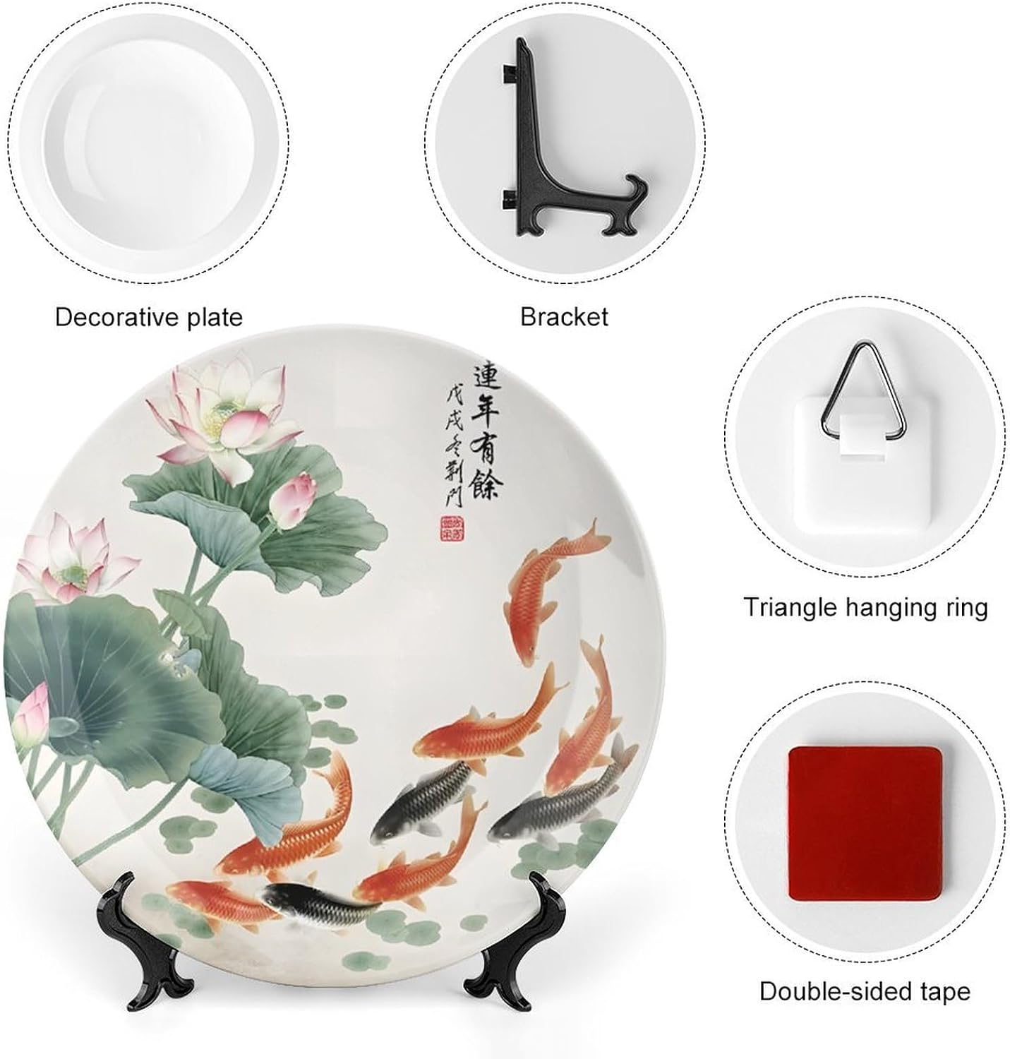 Fine Bone China Decorative Plate, Deep Green Round Wall Art with A Close-up Pink-Tipped White Lotus for Modern Room Decor Bone China Decorative Plate, 10inch Wall Art Home Decor