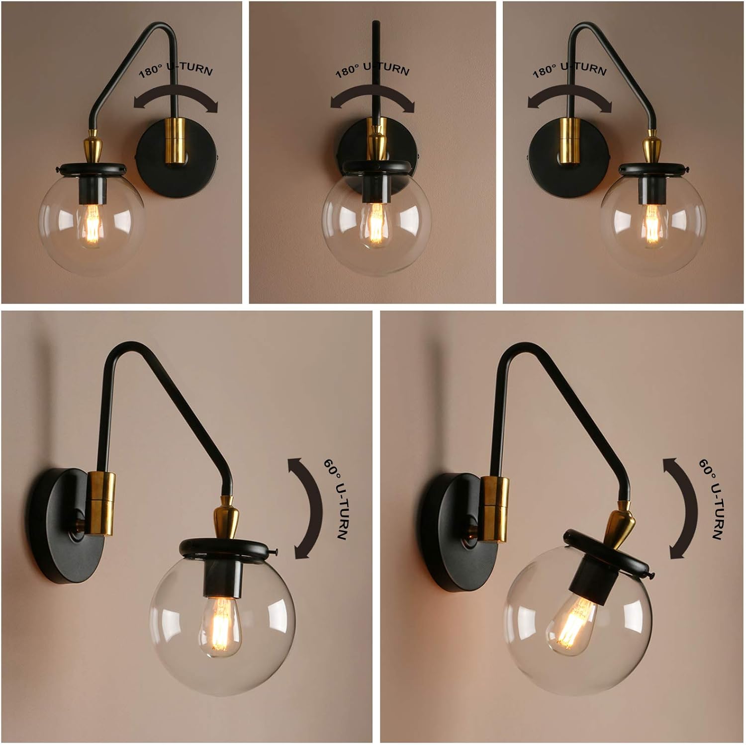Pathson Industrial Swing Arm Wall Sconce Lighting, Adjustable Globe Wall Vanity Light for Bathroom, Hardwired Wall Lamp Fixture for Bedside Living Room Study Room (Black)
